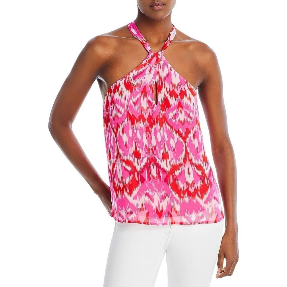 AQUA Ikat Print Keyhole Top Women's Pink Combo High Double V-Neck Pullover